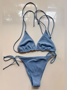 TJ Swim Light Blue Ribbed String Bikini Set